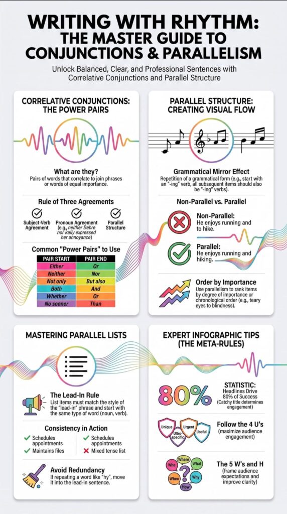 Mastering complex English grammar infographic covering conjunctions, parallel structure, and advanced syntax for writing clarity 