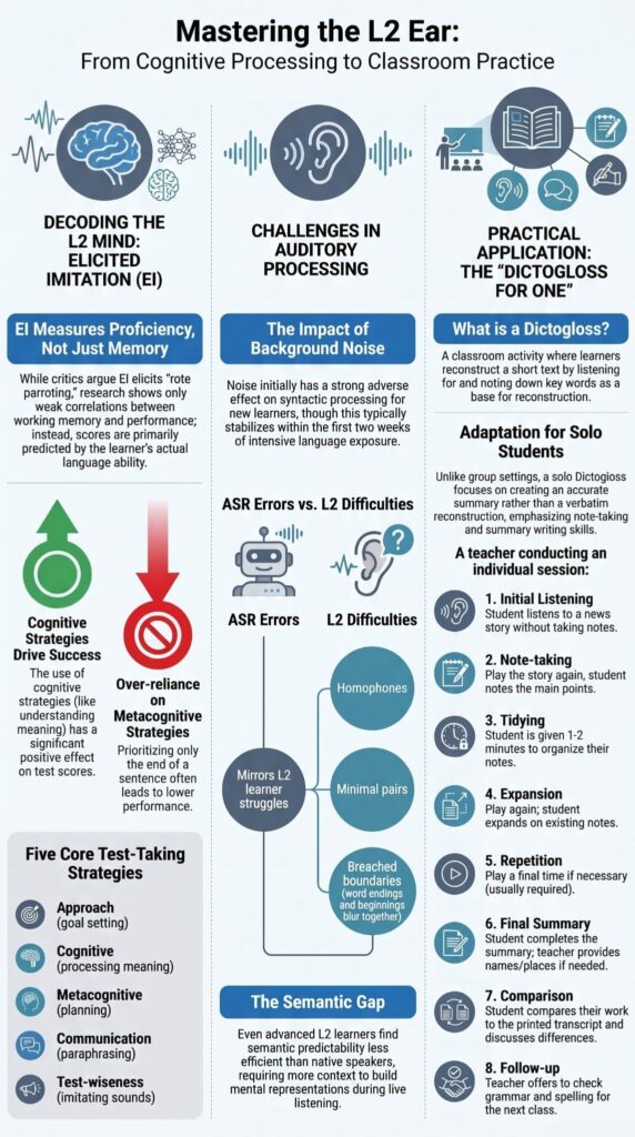 Advanced listening comprehension strategies infographic covering L2 auditory processing, dictogloss, and cognitive listening techniques 