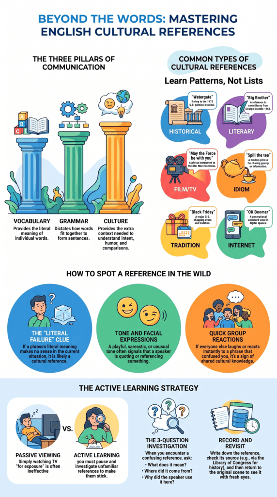 Educational infographic explaining communication pillars for understanding English cultural references. 